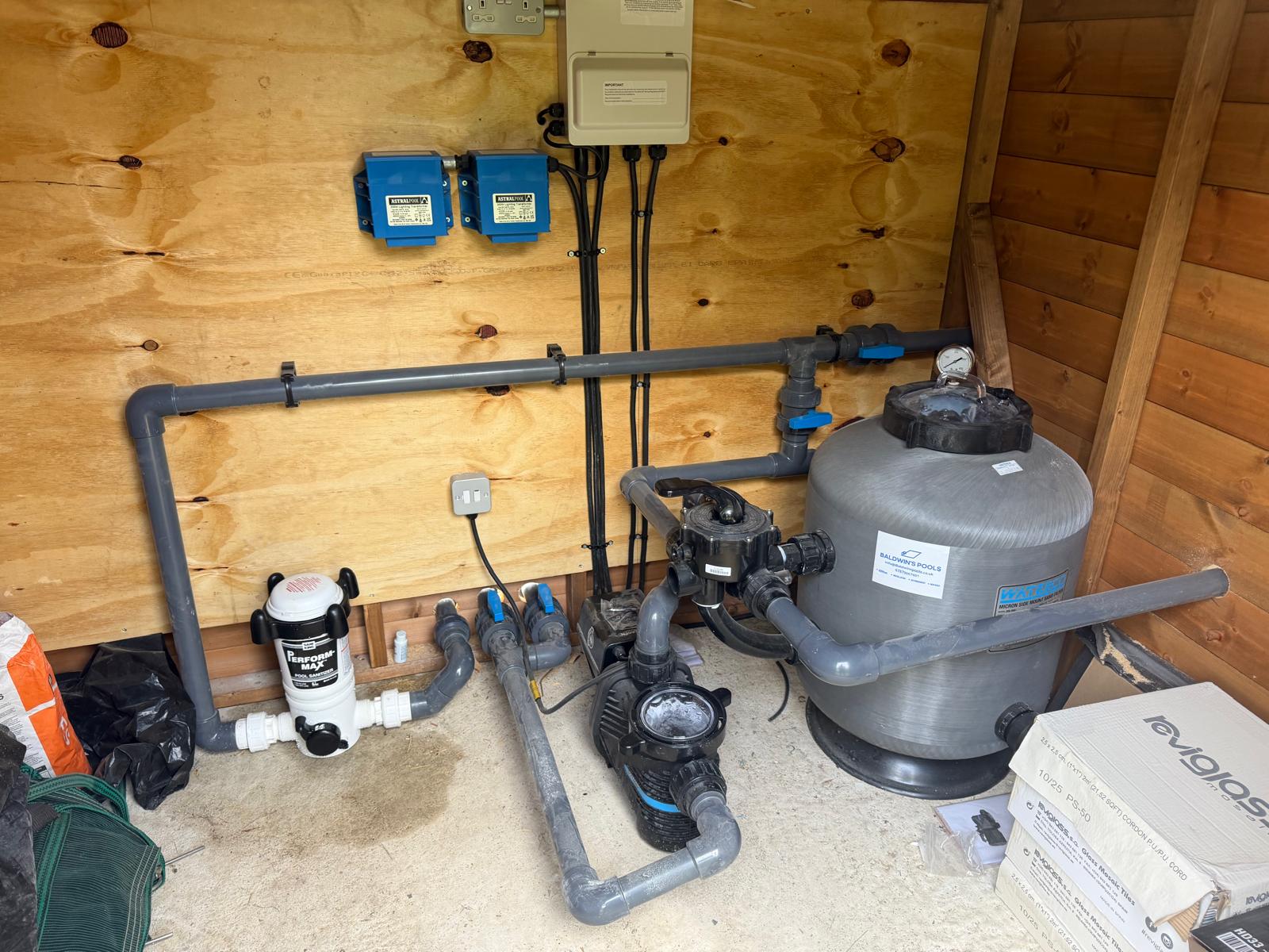 Pool plant room with sand filter, pump, valves and controls