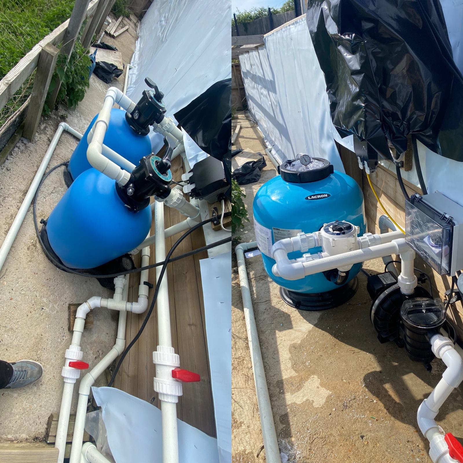 Pool sand filters and plumbing in a swimming pool plant room